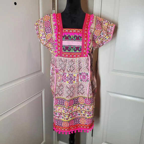 Pink Boho Thai Dress One Size Midi Tie Sides Embroidered Multi Color - Picture 10 of 16